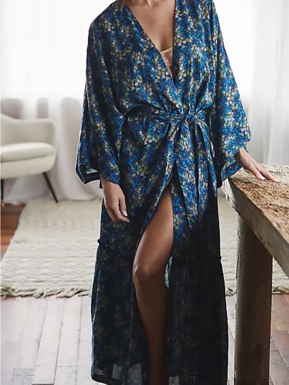 By Anthropologie Floral Kimono Maxi Robe Ditsy Wrap Tie Waist XS/S Tiered Hem